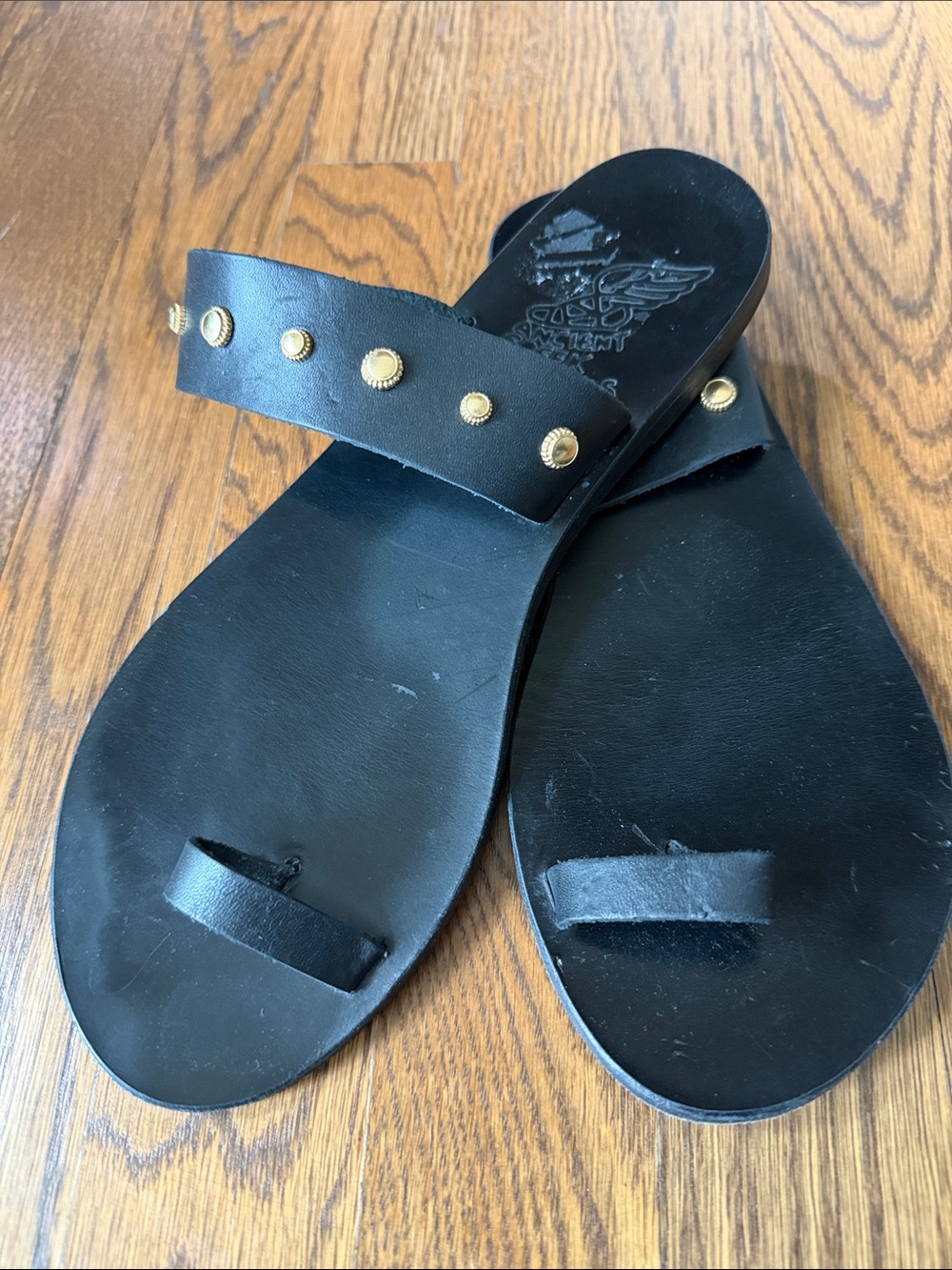 Ancient Greek Sandals Black Leather Studded Toe-Loop Sandals